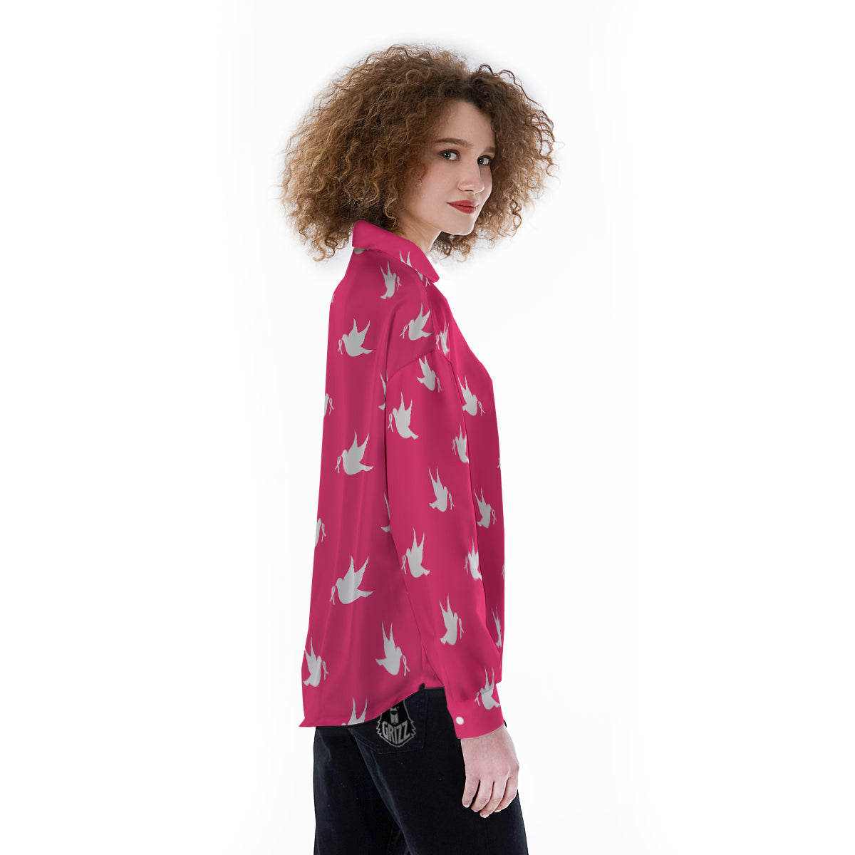 Breast Cancer White Dove Print Pattern Women's Long Sleeve Shirts-grizzshop