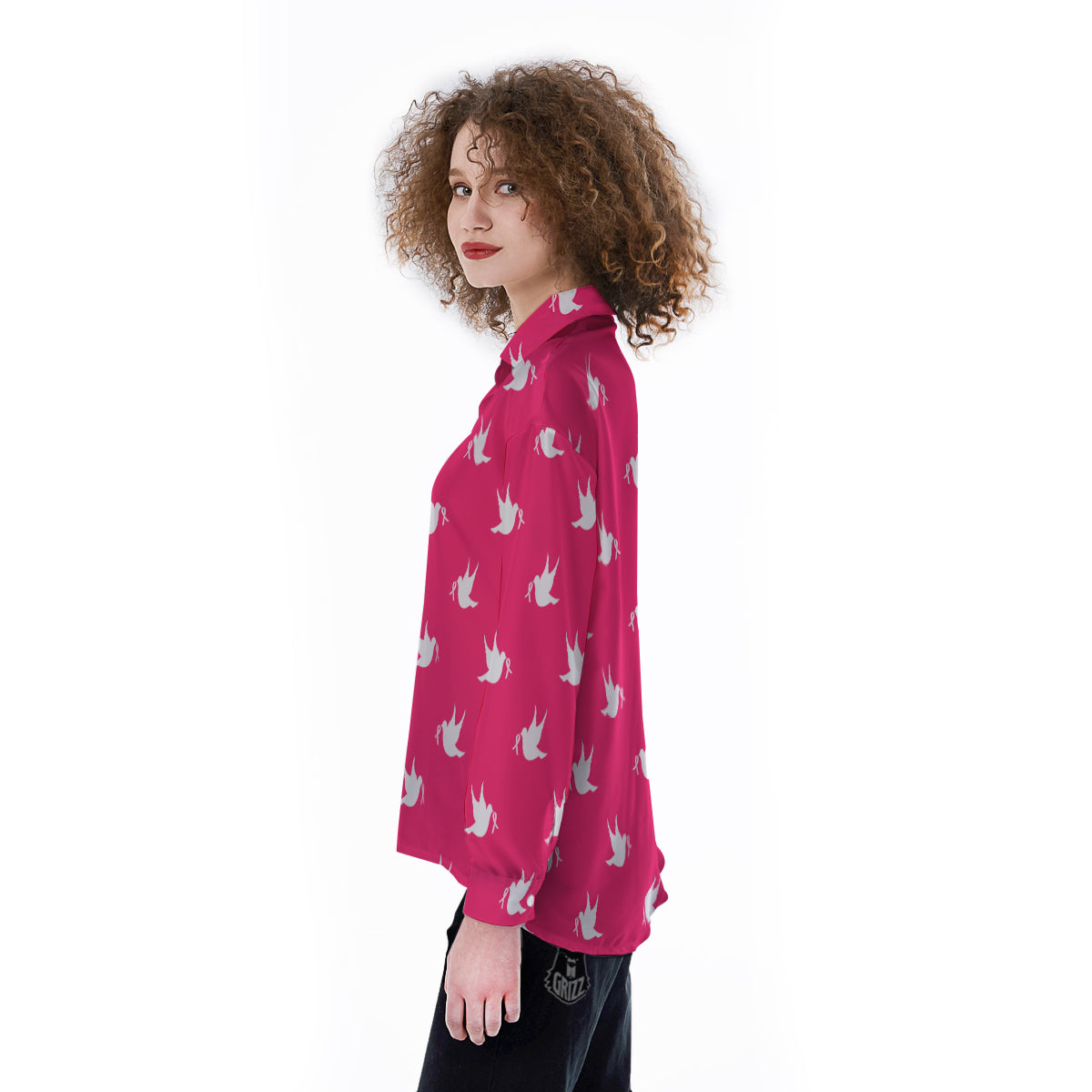 Breast Cancer White Dove Print Pattern Women's Long Sleeve Shirts-grizzshop