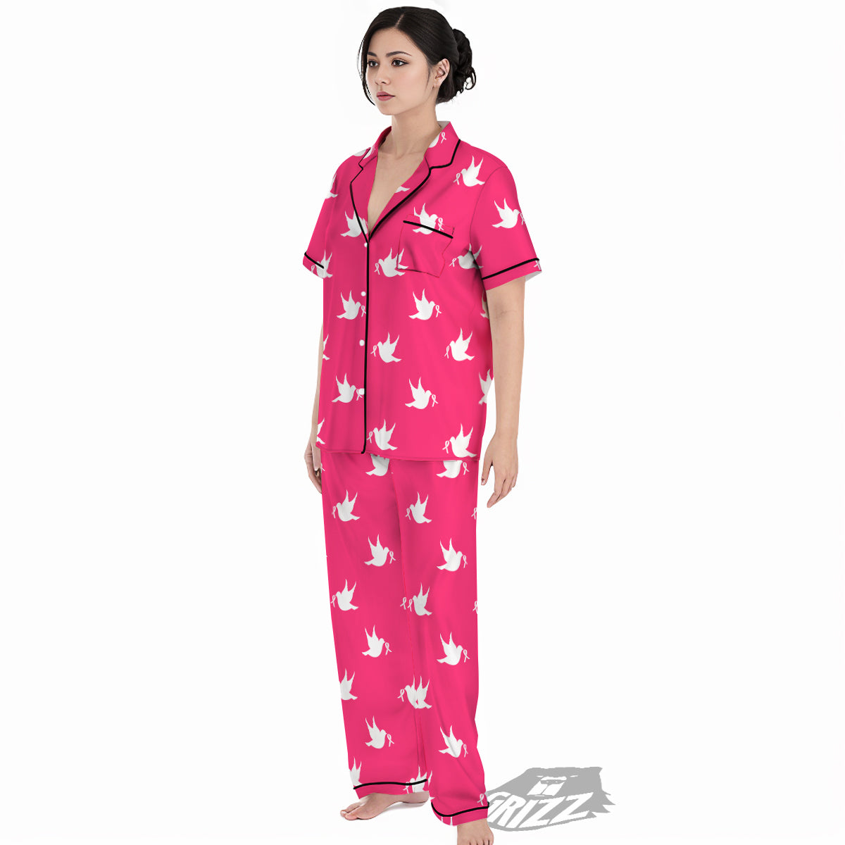 Breast Cancer White Dove Print Pattern Women's Pajamas Set-grizzshop