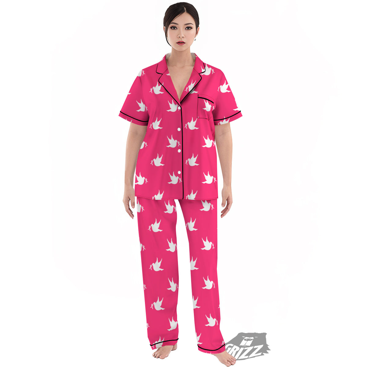 Breast Cancer White Dove Print Pattern Women's Pajamas Set-grizzshop