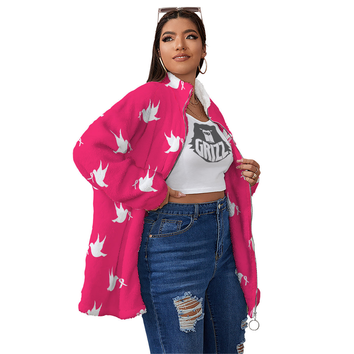 Breast Cancer White Dove Print Pattern Women's Sherpa Jacket-grizzshop