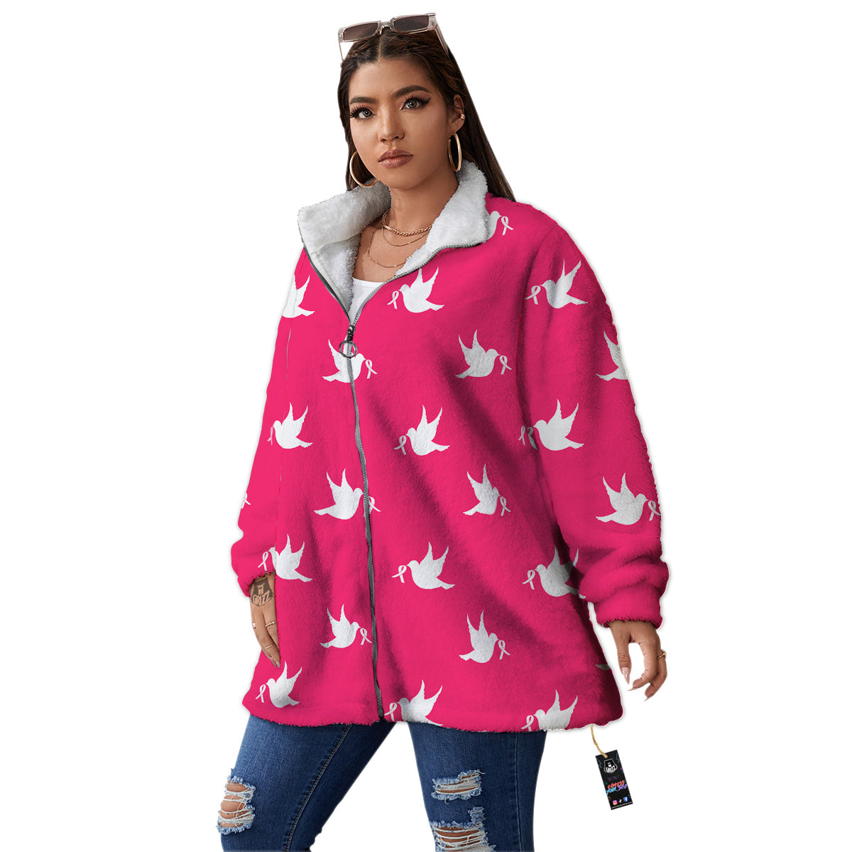 Breast Cancer White Dove Print Pattern Women's Sherpa Jacket-grizzshop
