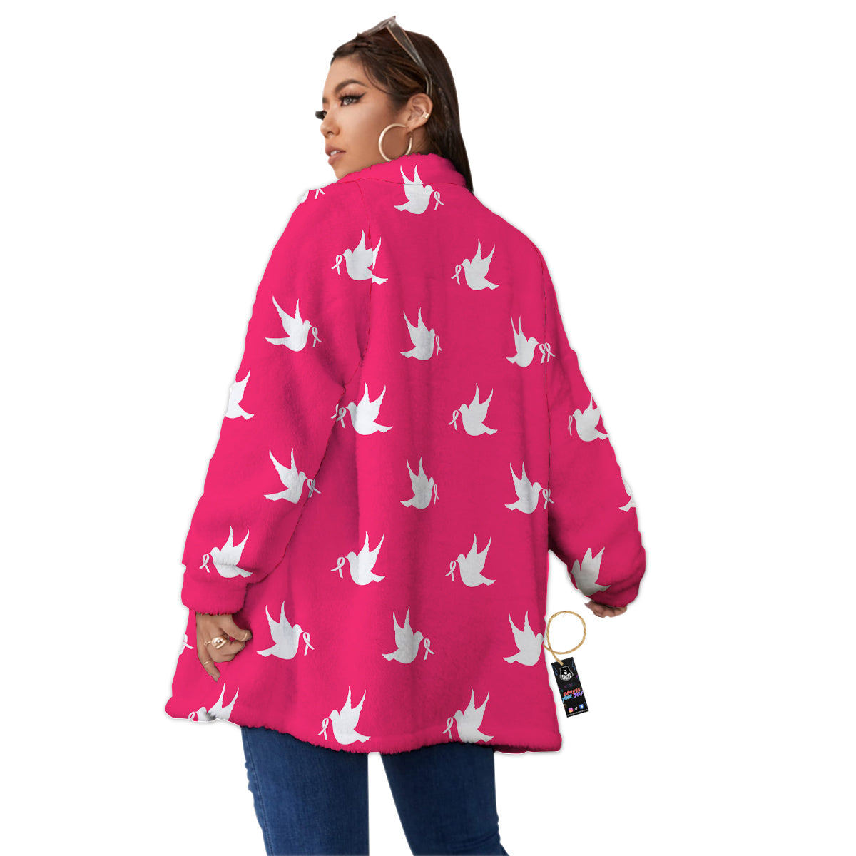 Breast Cancer White Dove Print Pattern Women's Sherpa Jacket-grizzshop