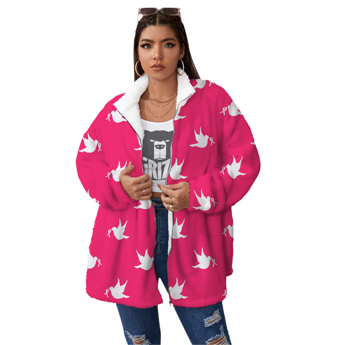 Breast Cancer White Dove Print Pattern Women's Sherpa Jacket-grizzshop