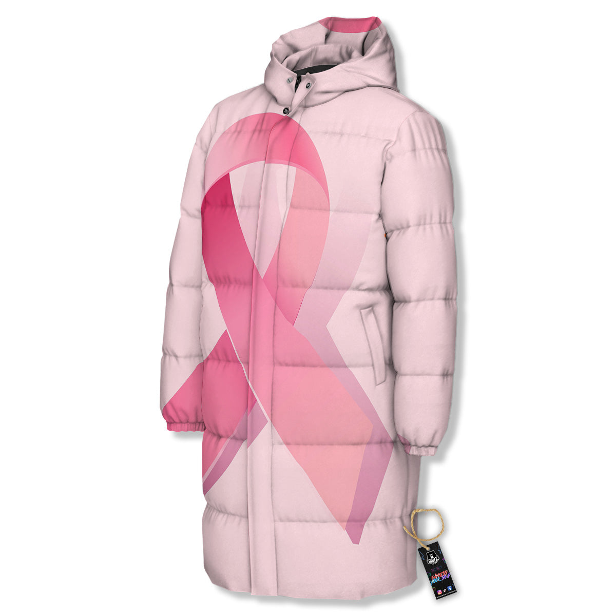 Breast Cancer Awareness Ribbon Print Long Down Jacket