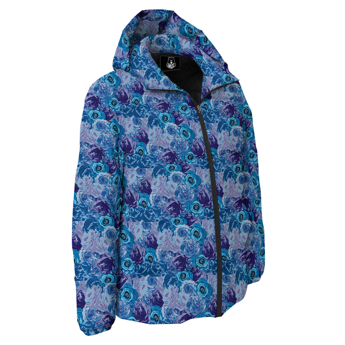 Bright Blue Rose Print Down Jacket-grizzshop