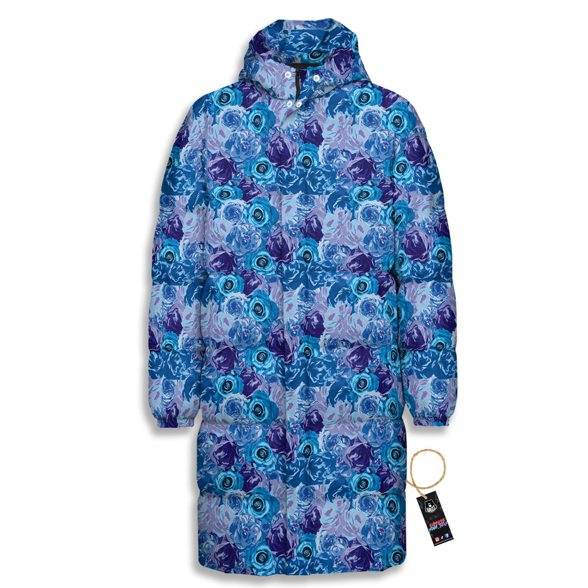 Bright Blue Rose Print Long Down Jacket-grizzshop