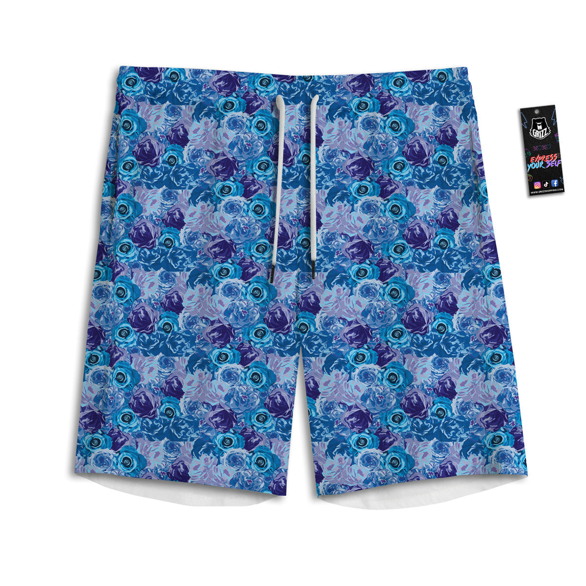 Bright Blue Rose Print Men's Athletic Shorts