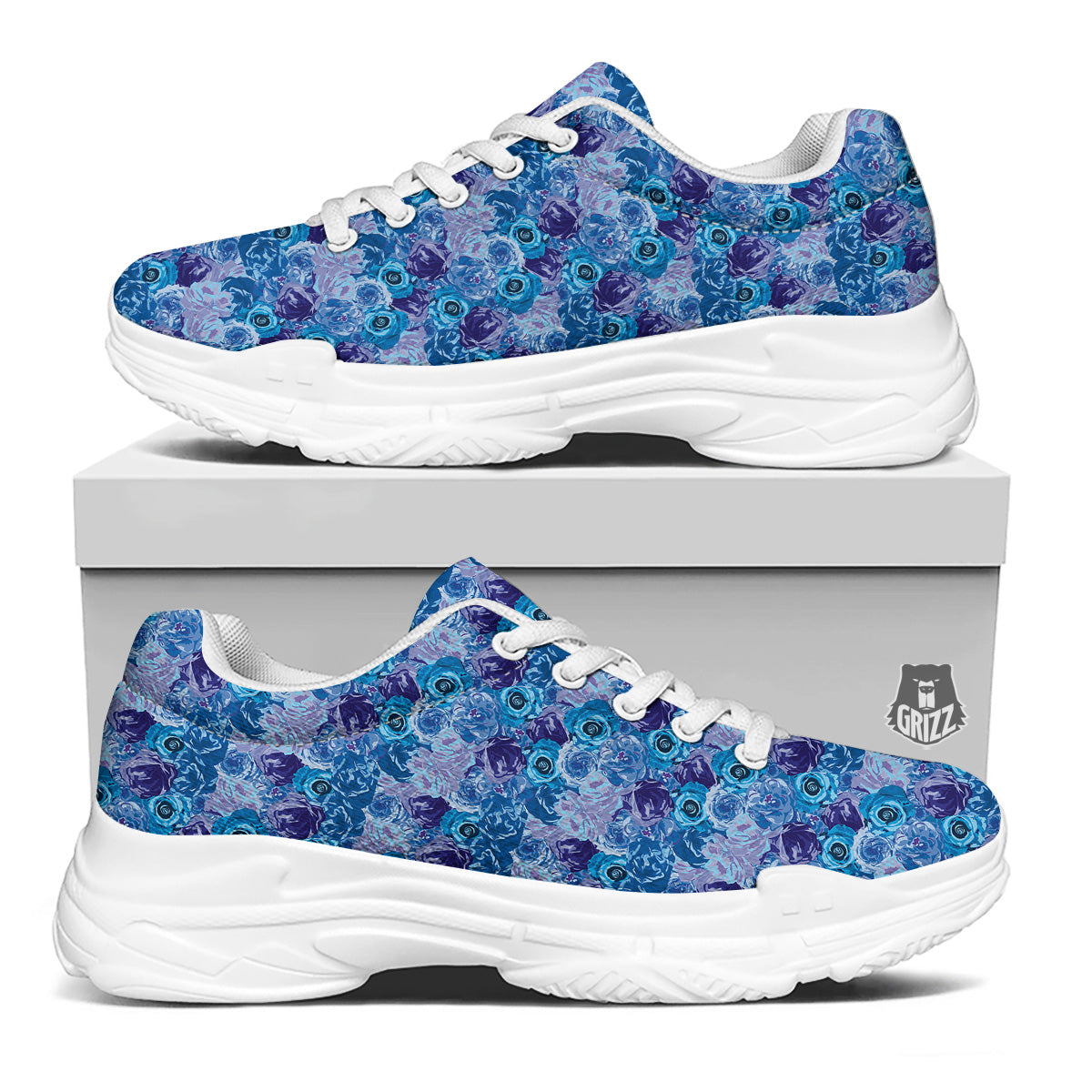 Bright Blue Rose Print White Chunky Shoes-grizzshop