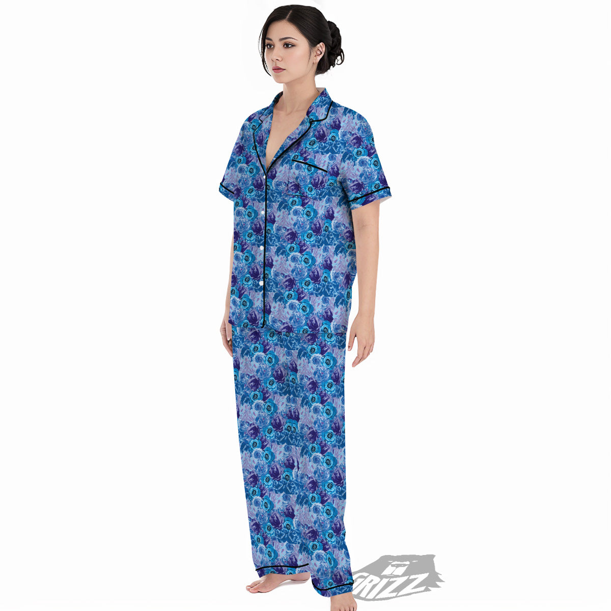 Bright Blue Rose Print Women's Pajamas Set-grizzshop