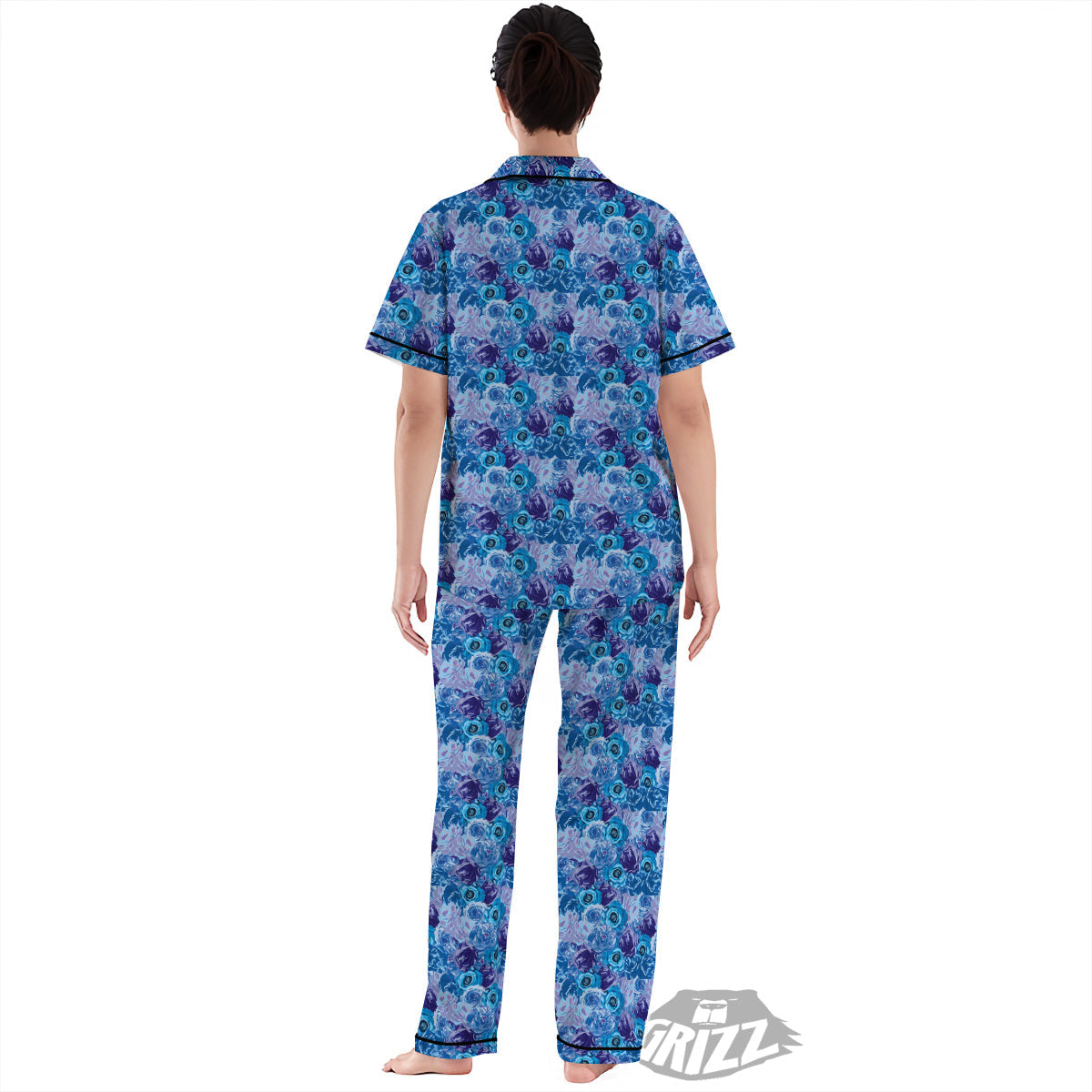 Bright Blue Rose Print Women's Pajamas Set-grizzshop