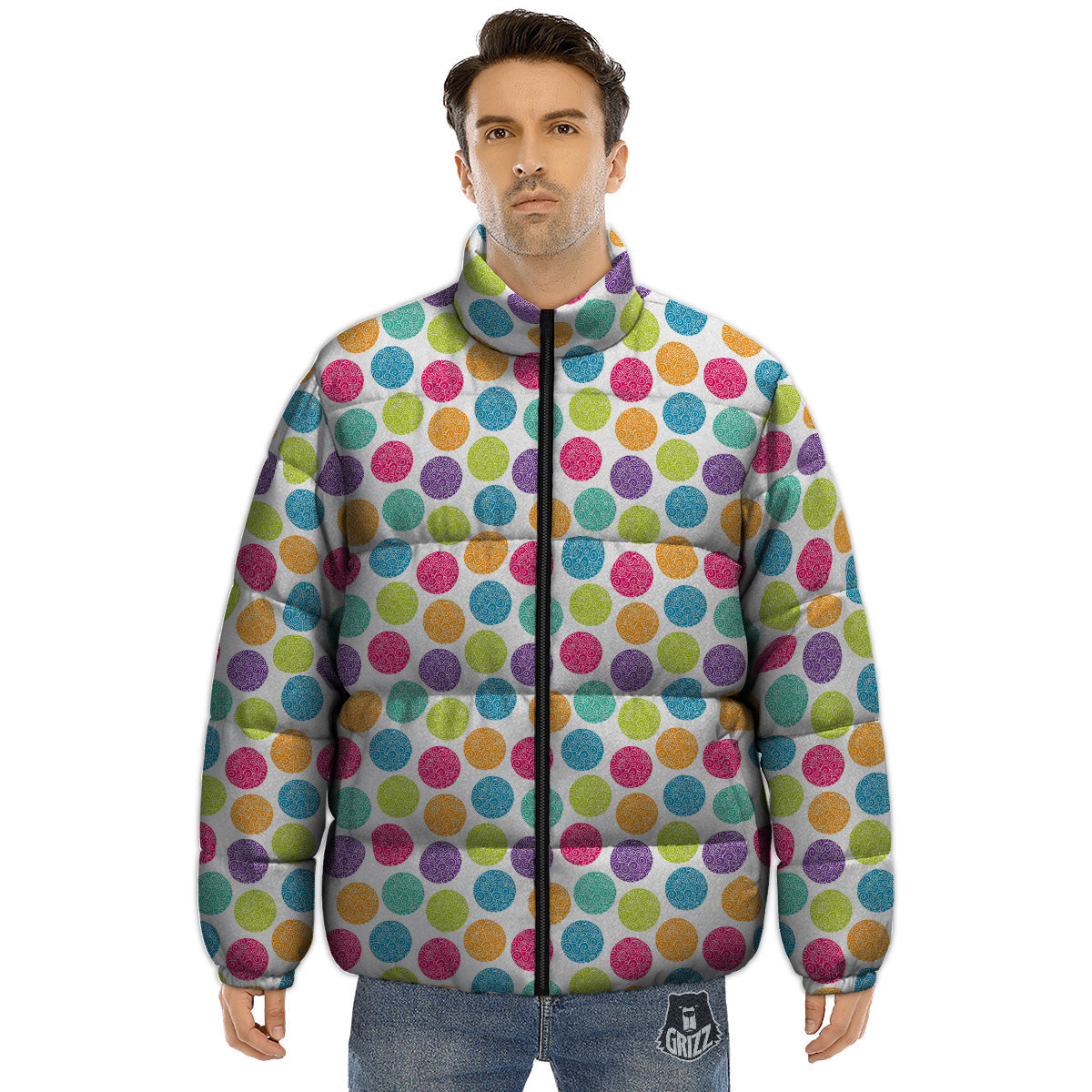 Bright Polka Dot Colorful Print Pattern Puffer Jacket-grizzshop