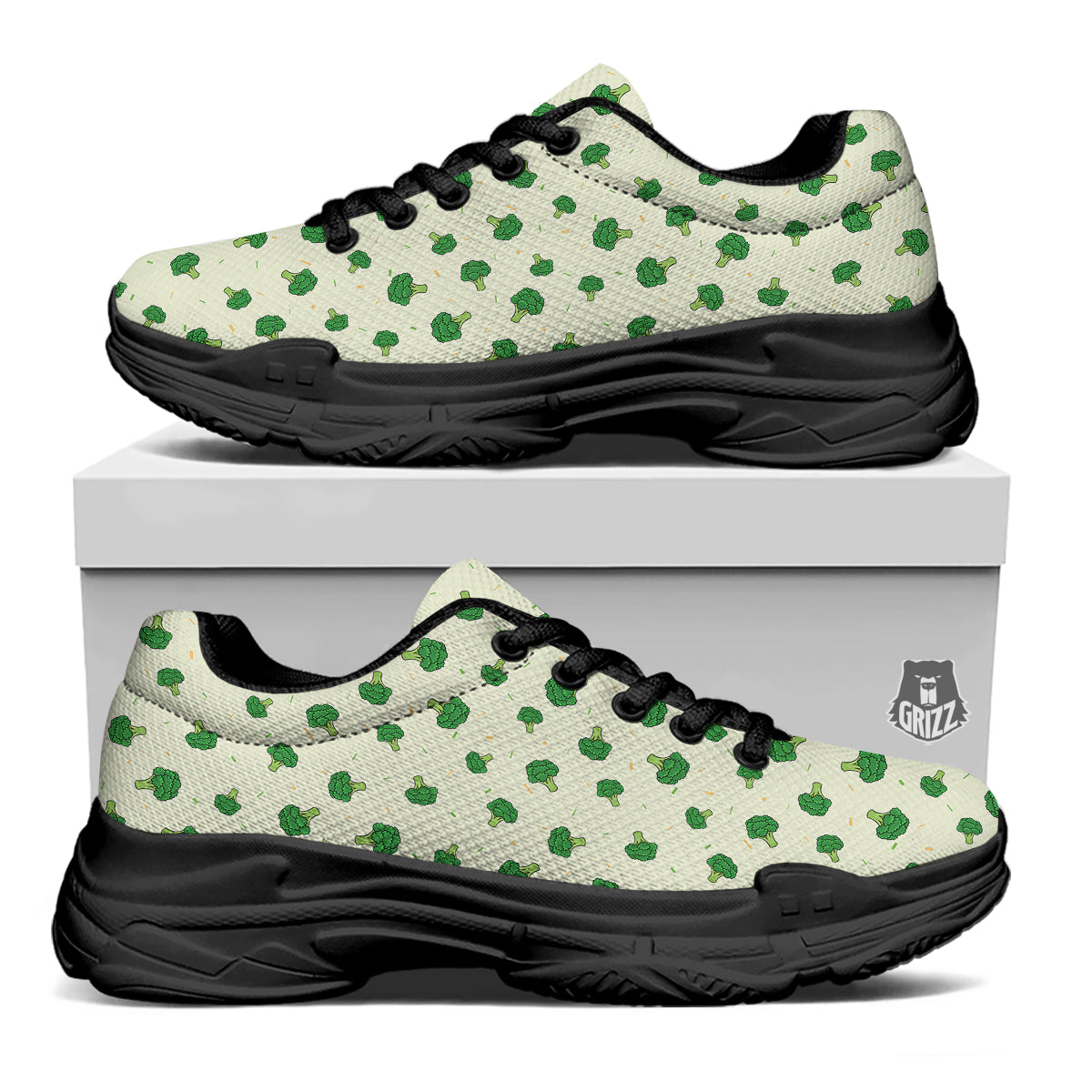 Broccoli Green Print Pattern Black Chunky Shoes-grizzshop