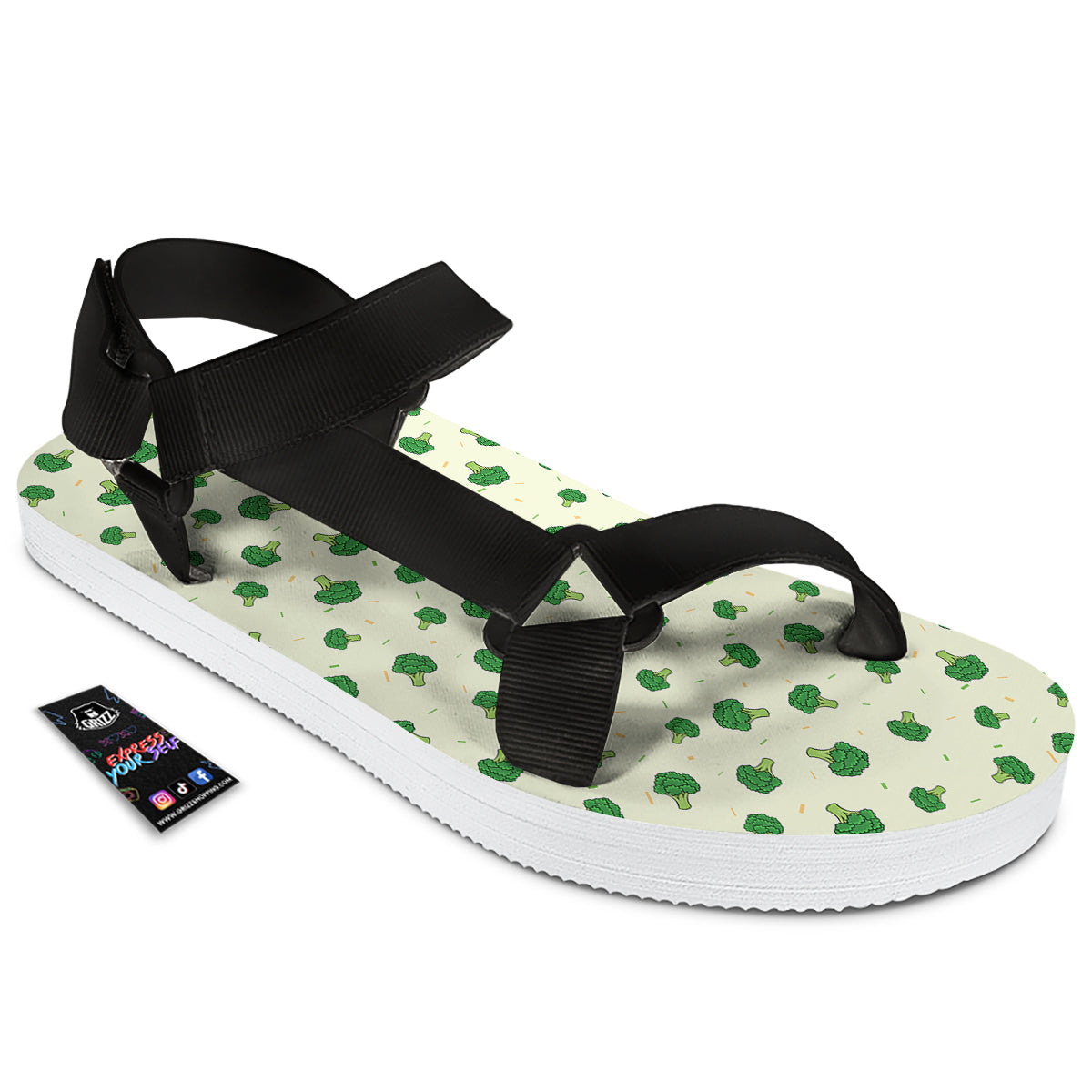 Broccoli Green Print Pattern Black Open Toe Sandals-grizzshop
