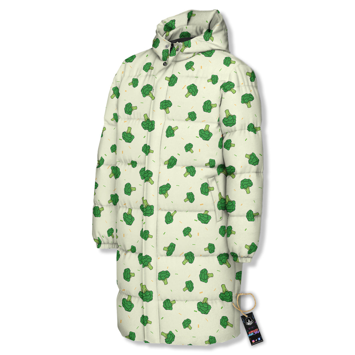 Broccoli Green Print Pattern Long Down Jacket-grizzshop