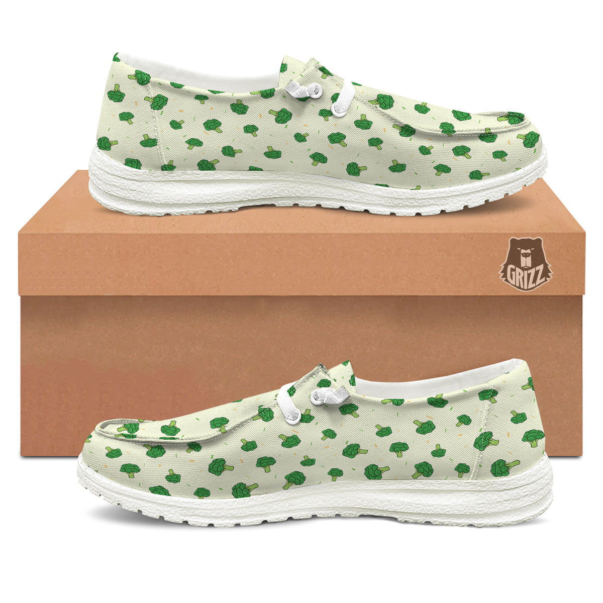 Broccoli Green Print Pattern White Loafers-grizzshop