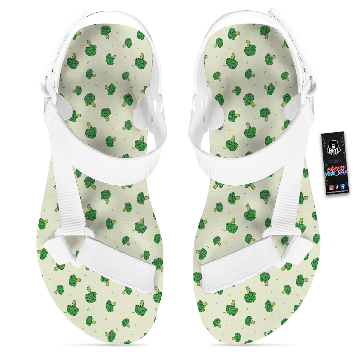 Broccoli Green Print Pattern White Open Toe Sandals-grizzshop