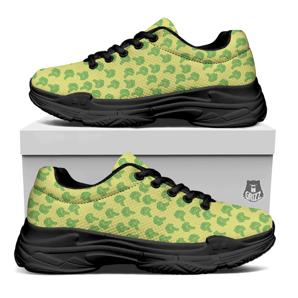 Broccoli Vintagecolor Print Pattern Black Chunky Shoes-grizzshop