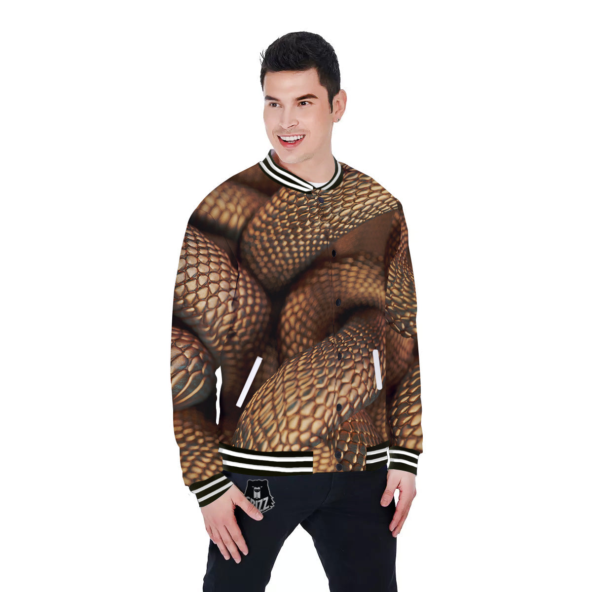 Bronze Snake Print Baseball Jacket-grizzshop
