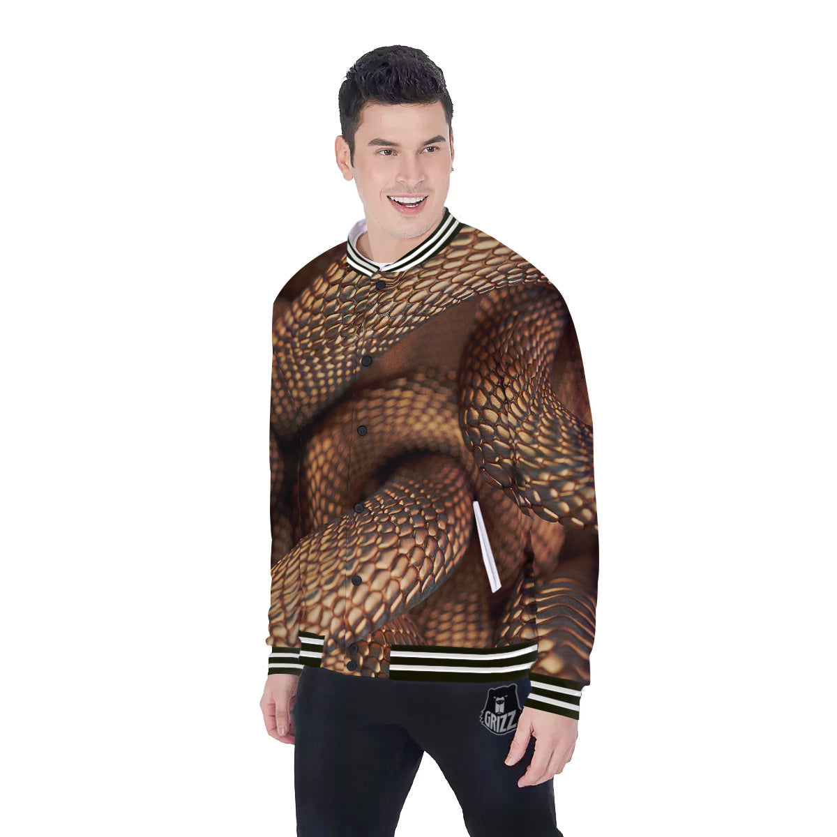 Bronze Snake Print Baseball Jacket-grizzshop