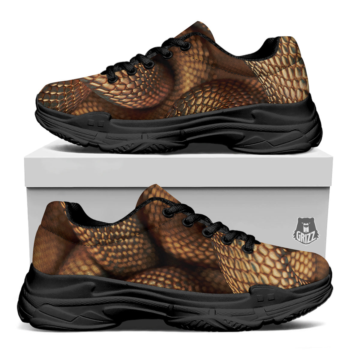 Bronze Snake Print Black Chunky Shoes-grizzshop