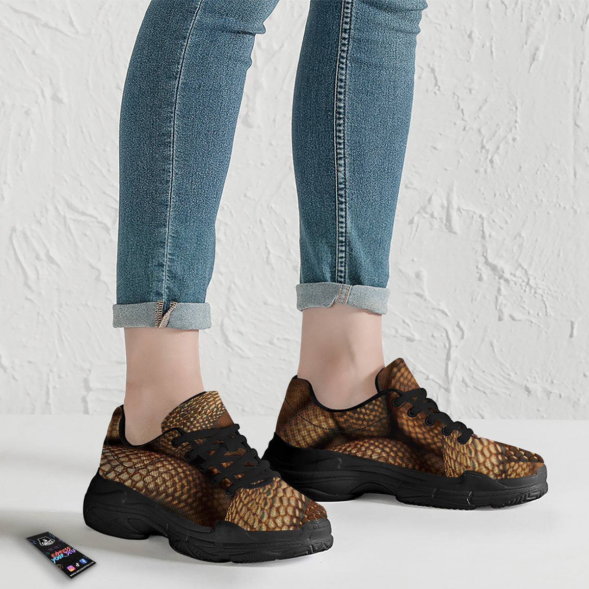 Bronze Snake Print Black Chunky Shoes-grizzshop