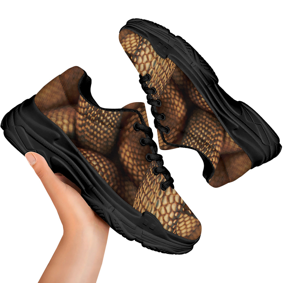 Bronze Snake Print Black Chunky Shoes-grizzshop