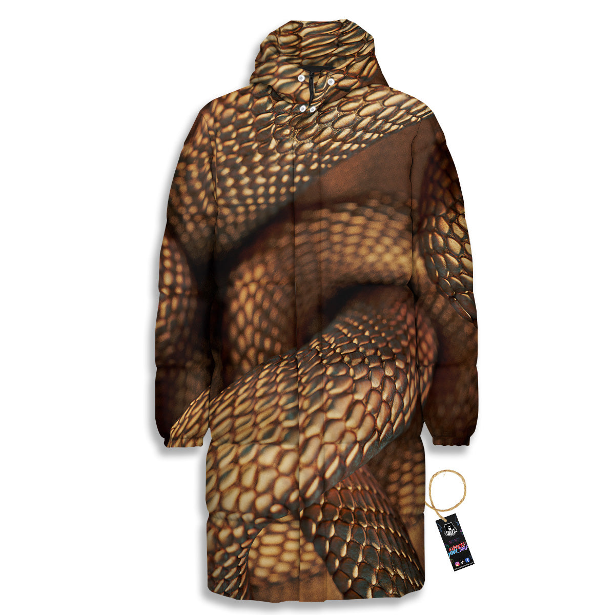 Bronze Snake Print Long Down Jacket-grizzshop