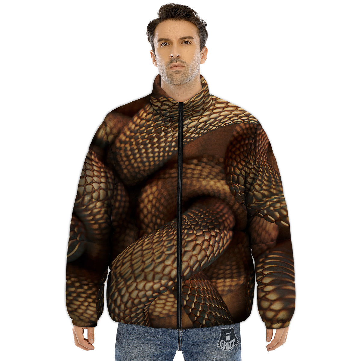Bronze Snake Print Puffer Jacket-grizzshop