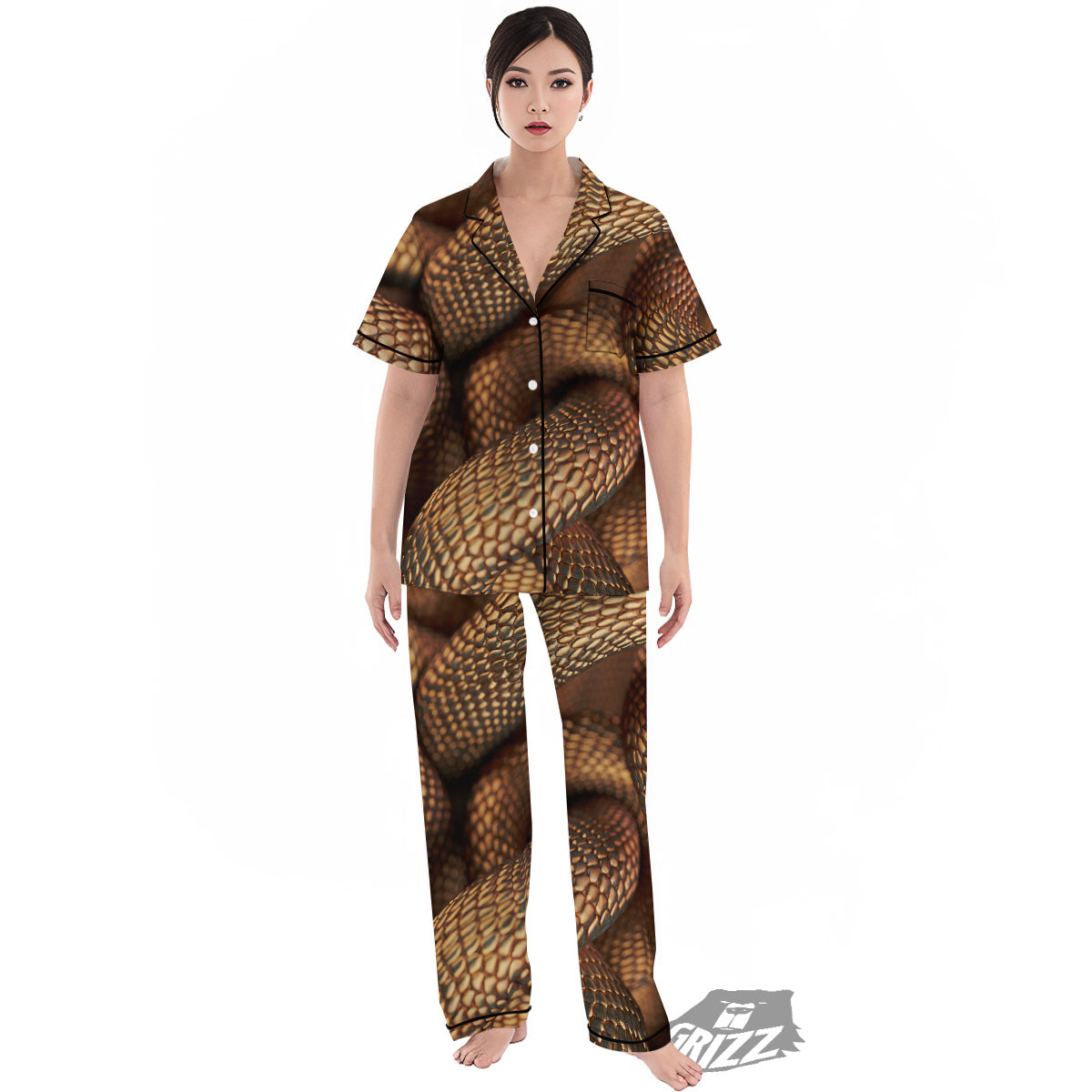 Bronze Snake Print Women's Pajamas Set-grizzshop