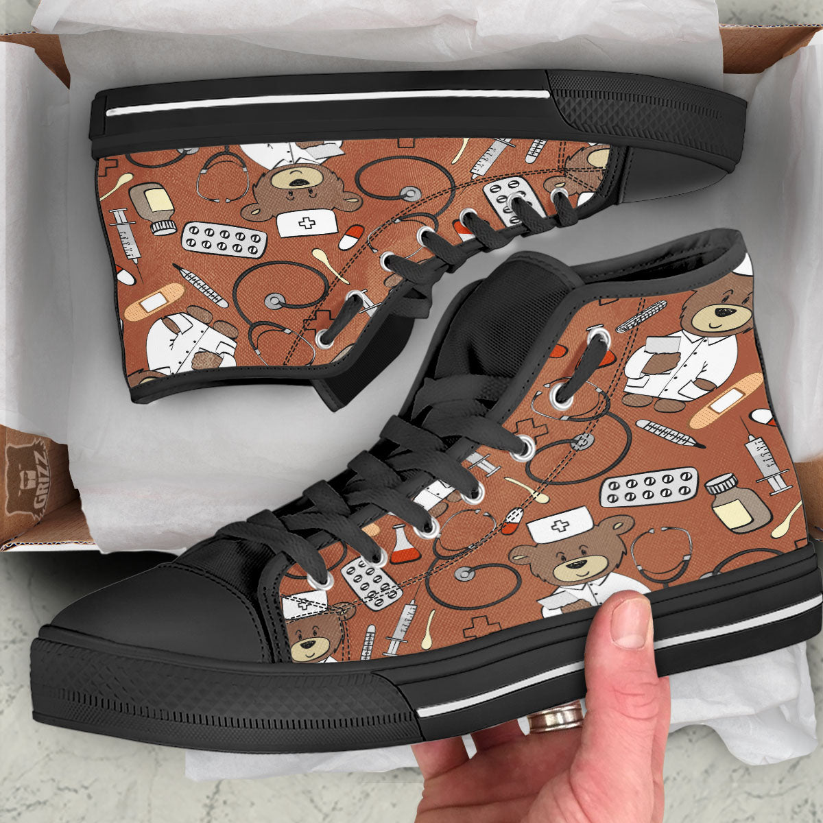 Bronze Teddy Bear Nurse Black High Top Shoes-grizzshop