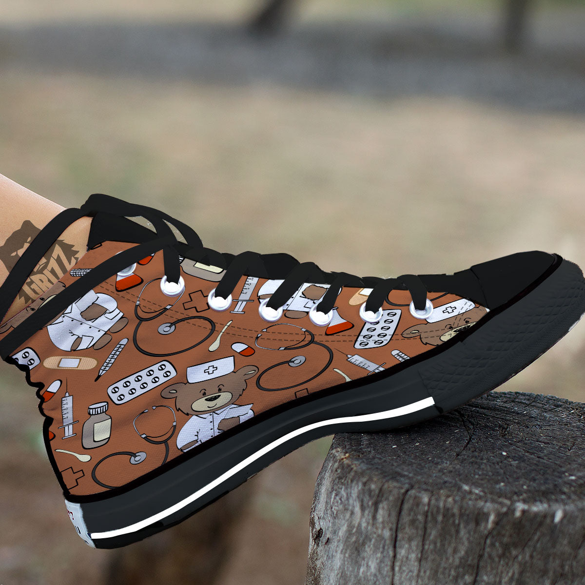 Bronze Teddy Bear Nurse Black High Top Shoes-grizzshop