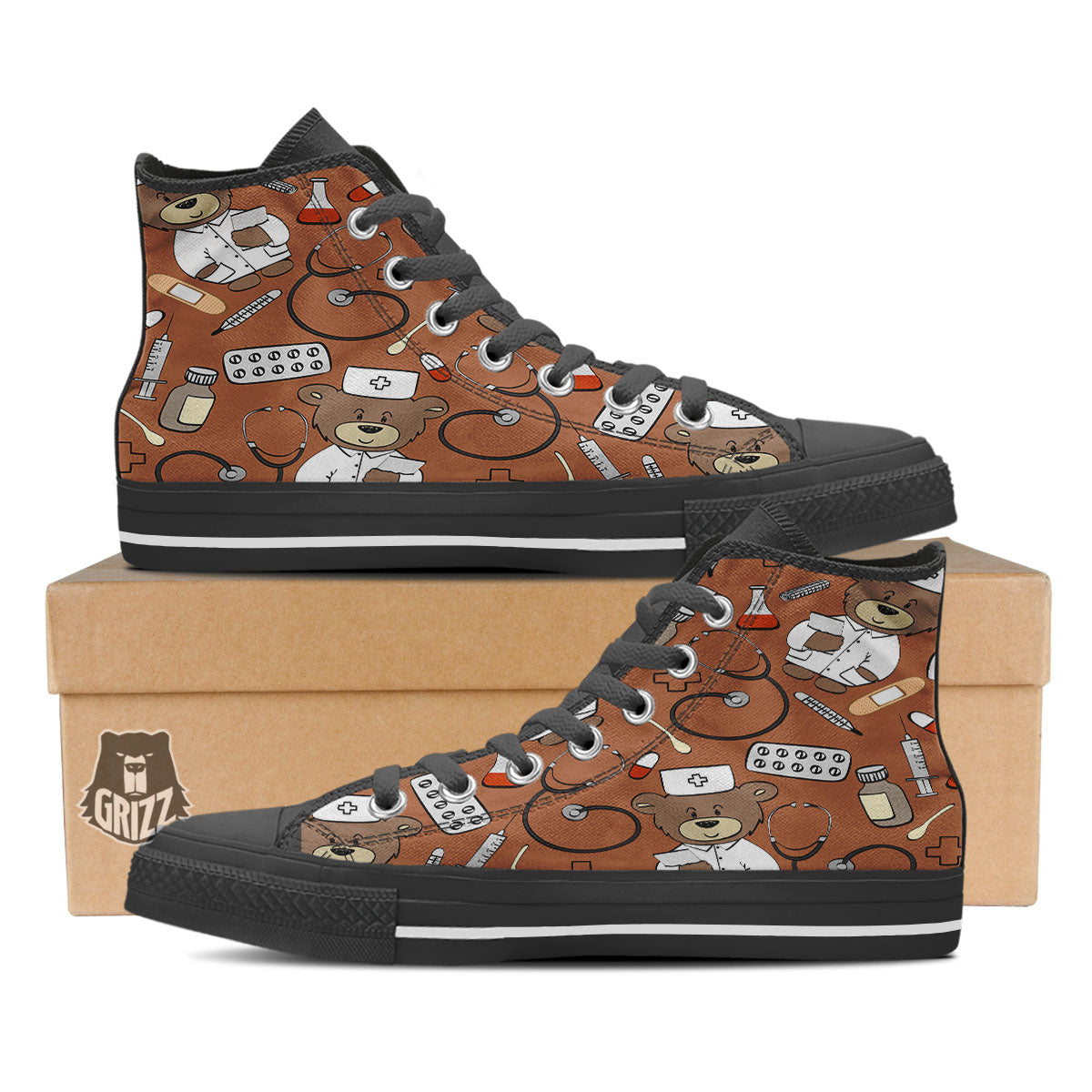 Bronze Teddy Bear Nurse Black High Top Shoes-grizzshop