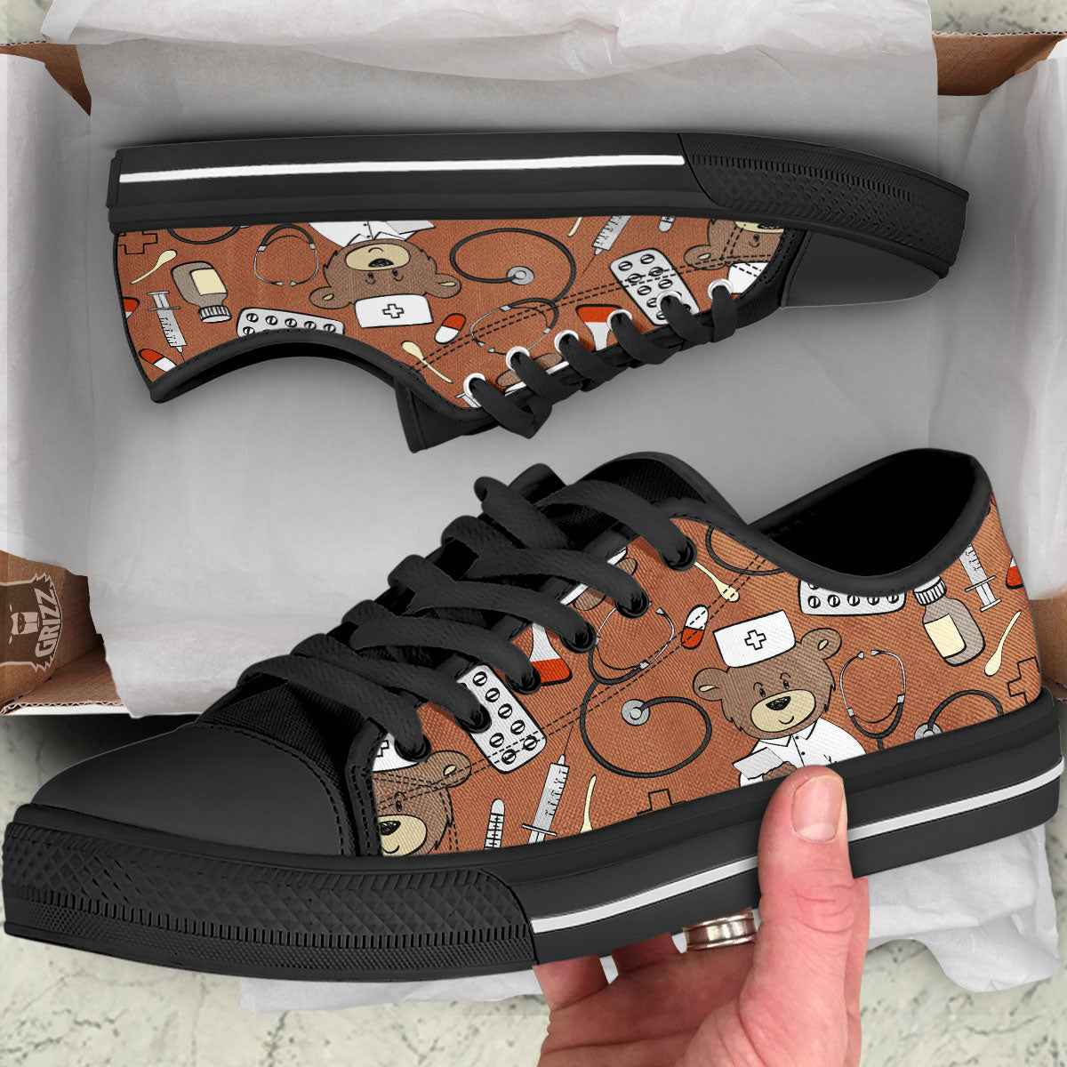Bronze Teddy Bear Nurse Black Low Top Shoes-grizzshop