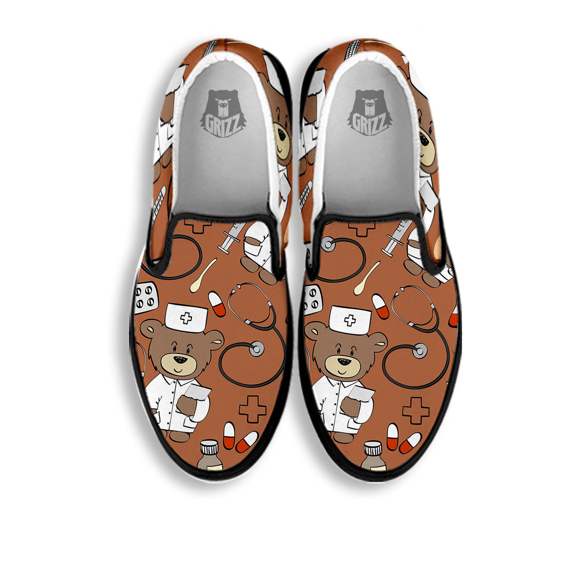 Bronze Teddy Bear Nurse Black Slip On Shoes-grizzshop