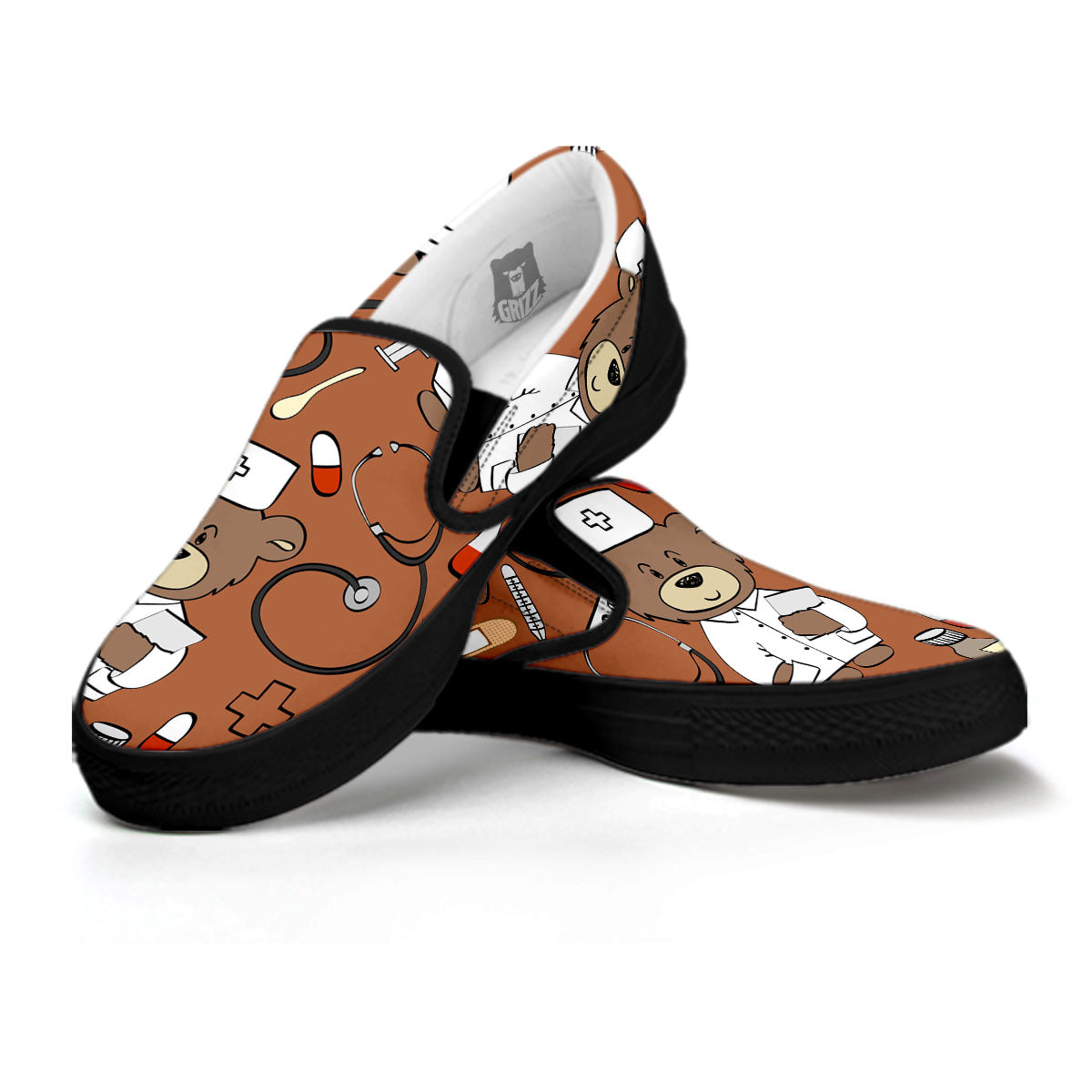 Bronze Teddy Bear Nurse Black Slip On Shoes-grizzshop