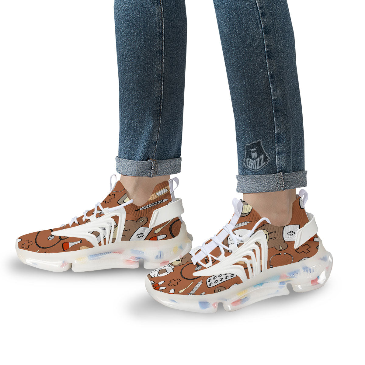 Bronze Teddy Bear Nurse White Gym Shoes-grizzshop