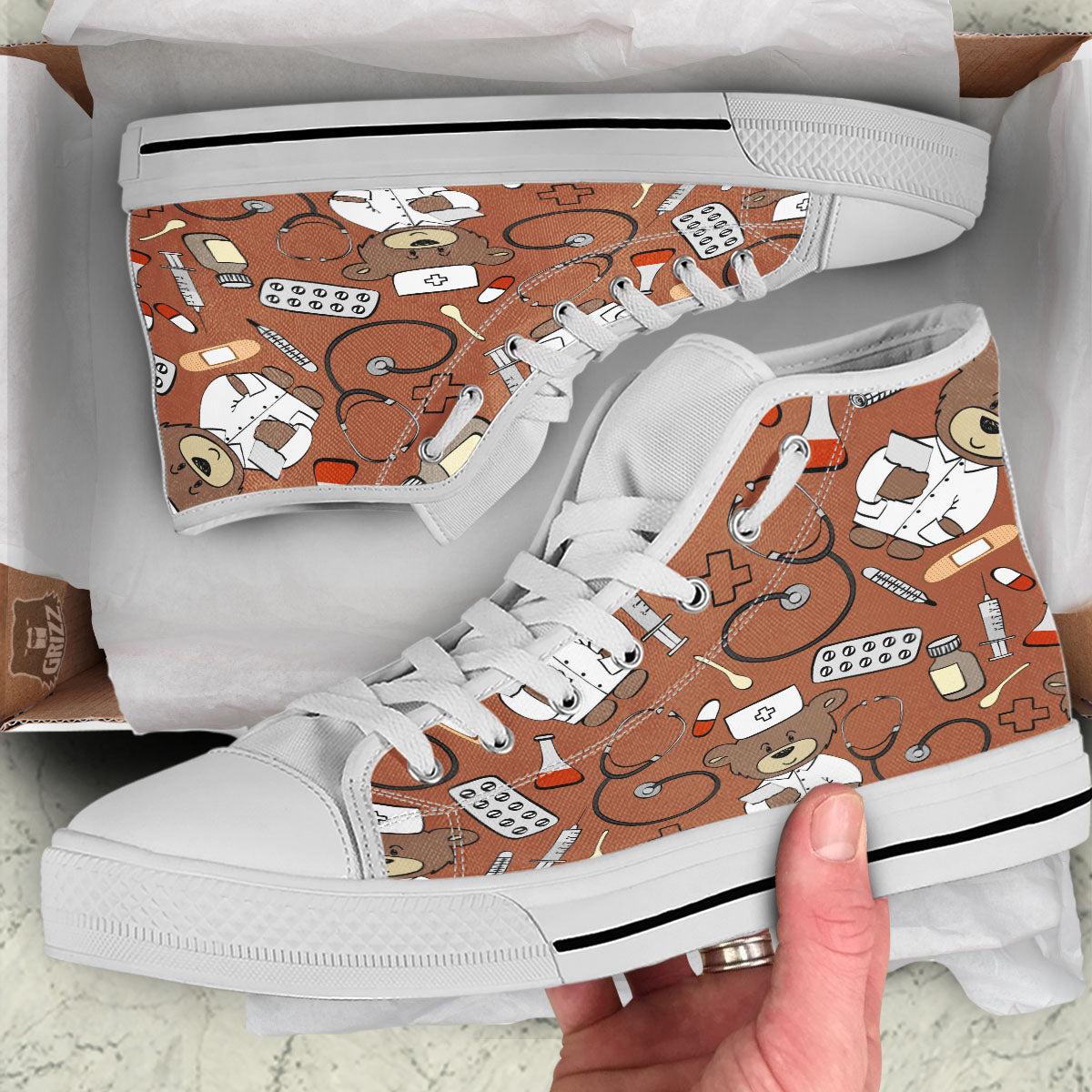Bronze Teddy Bear Nurse White High Top Shoes-grizzshop