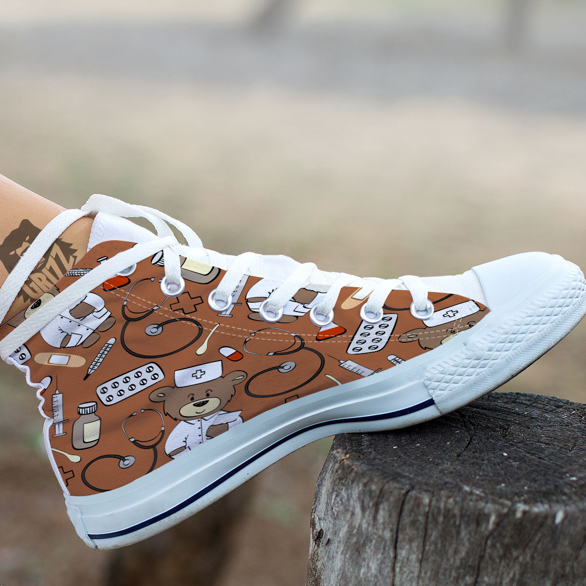 Bronze Teddy Bear Nurse White High Top Shoes-grizzshop