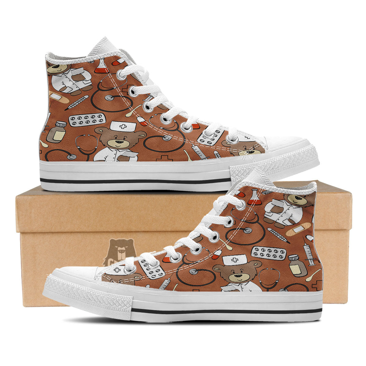 Bronze Teddy Bear Nurse White High Top Shoes-grizzshop