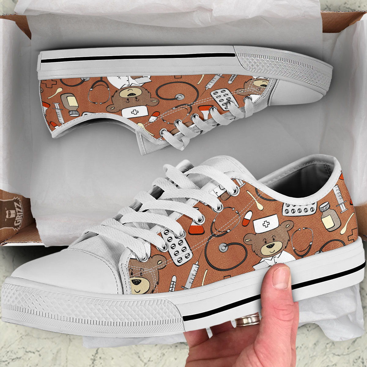 Bronze Teddy Bear Nurse White Low Top Shoes-grizzshop