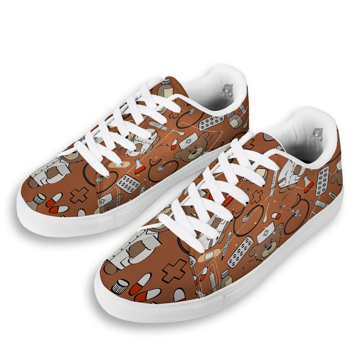 Bronze Teddy Bear Nurse White Low Top Sneakers-grizzshop