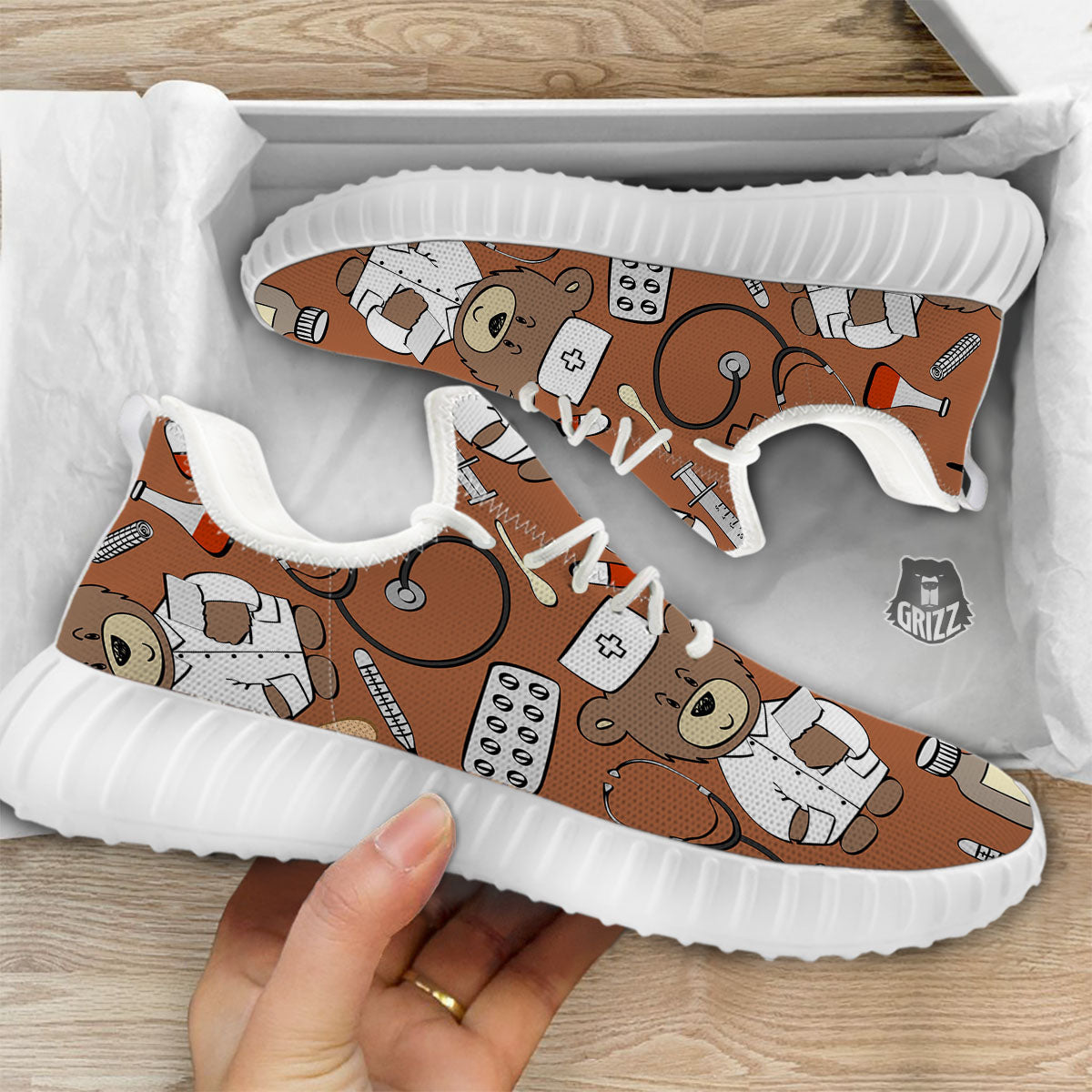 Bronze Teddy Bear Nurse White Walking Shoes-grizzshop