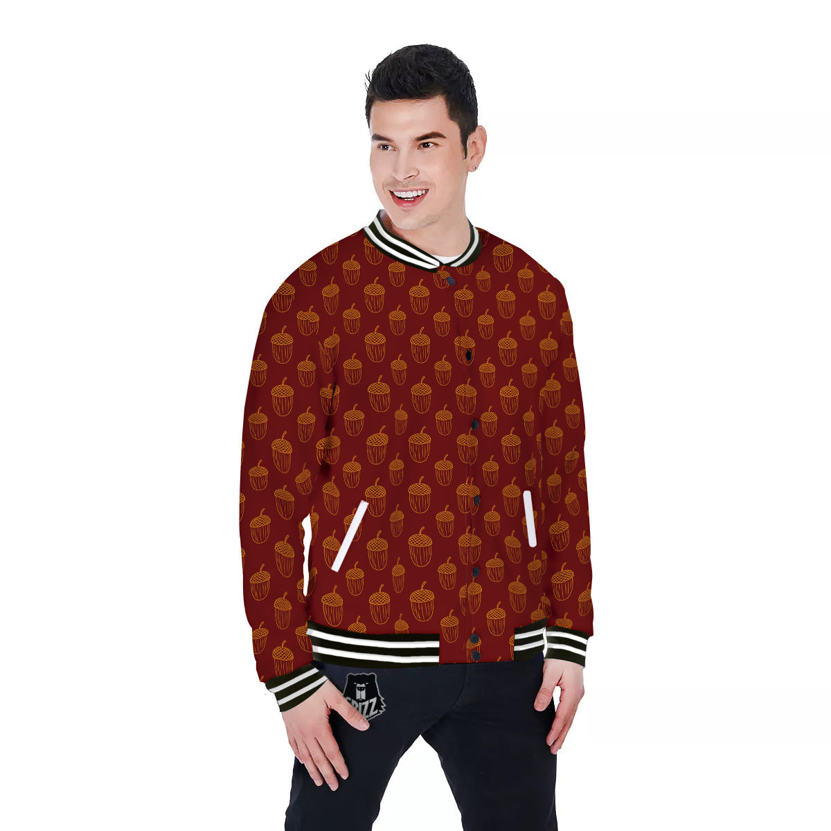 Brown Acorn Print Pattern Baseball Jacket-grizzshop