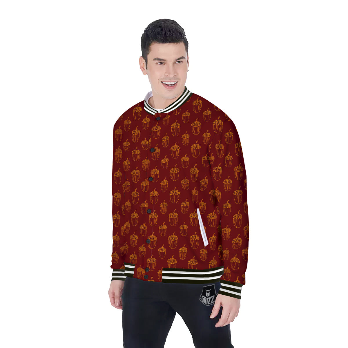 Brown Acorn Print Pattern Baseball Jacket-grizzshop