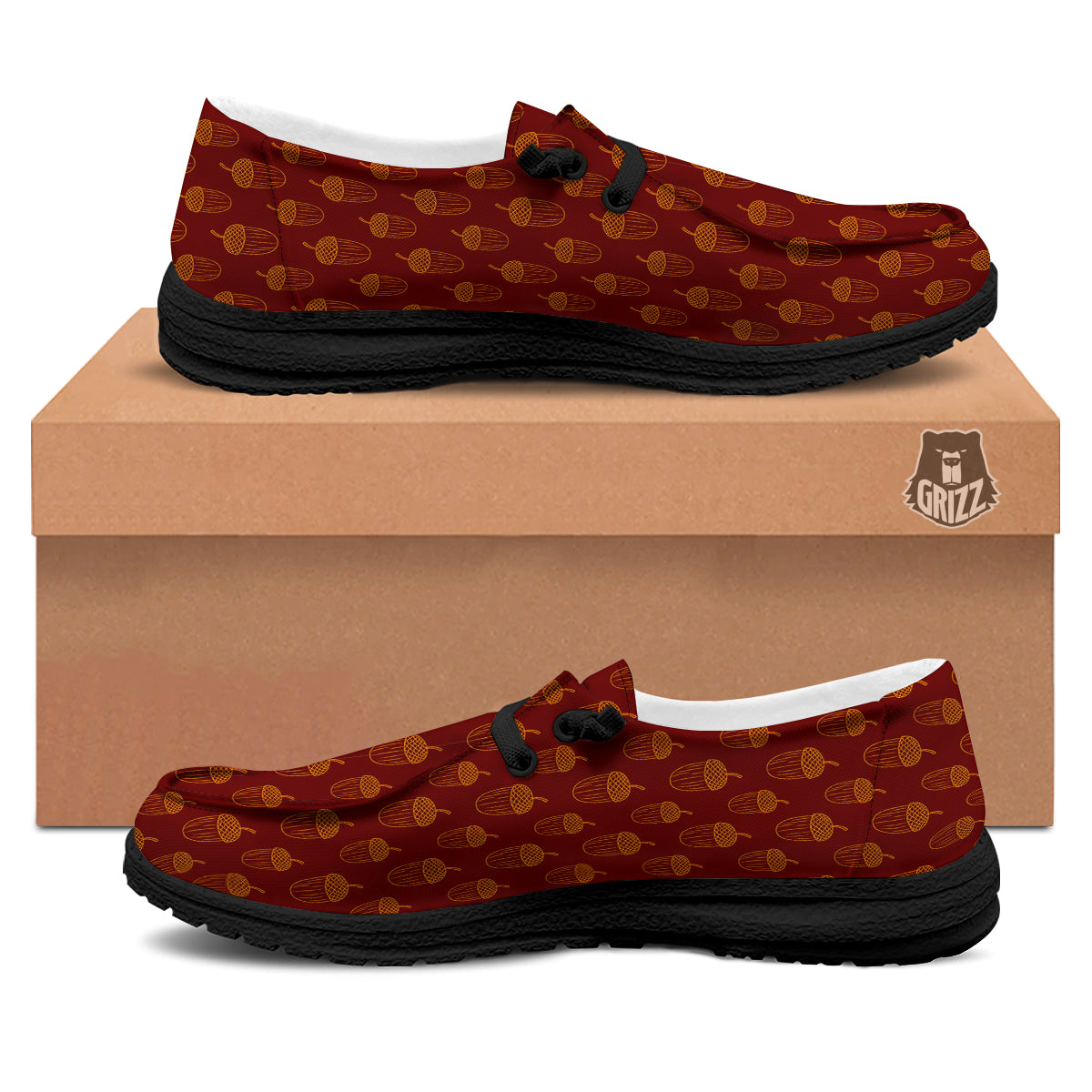 Brown Acorn Print Pattern Black Loafers-grizzshop