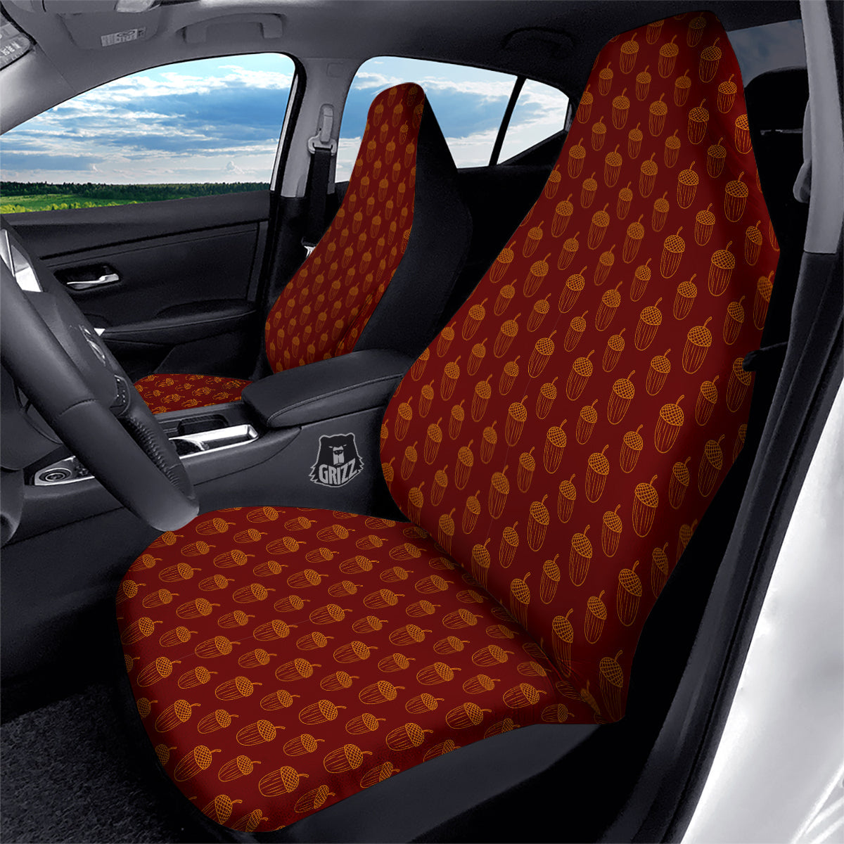 Brown Acorn Print Pattern Car Seat Covers-grizzshop