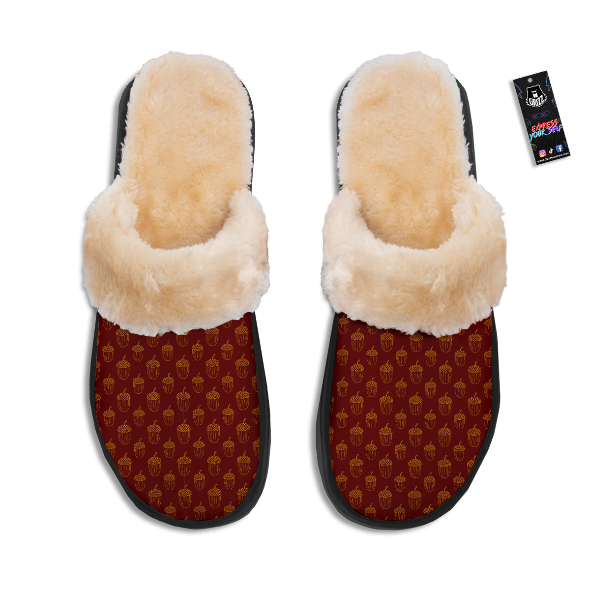 Brown Acorn Print Pattern Slippers-grizzshop
