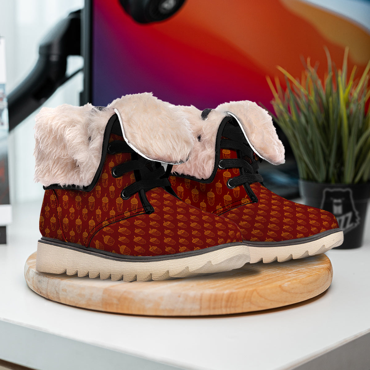 Brown Acorn Print Pattern Snow Boots-grizzshop