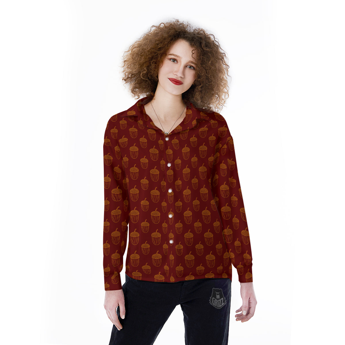 Brown Acorn Print Pattern Women's Long Sleeve Shirts-grizzshop
